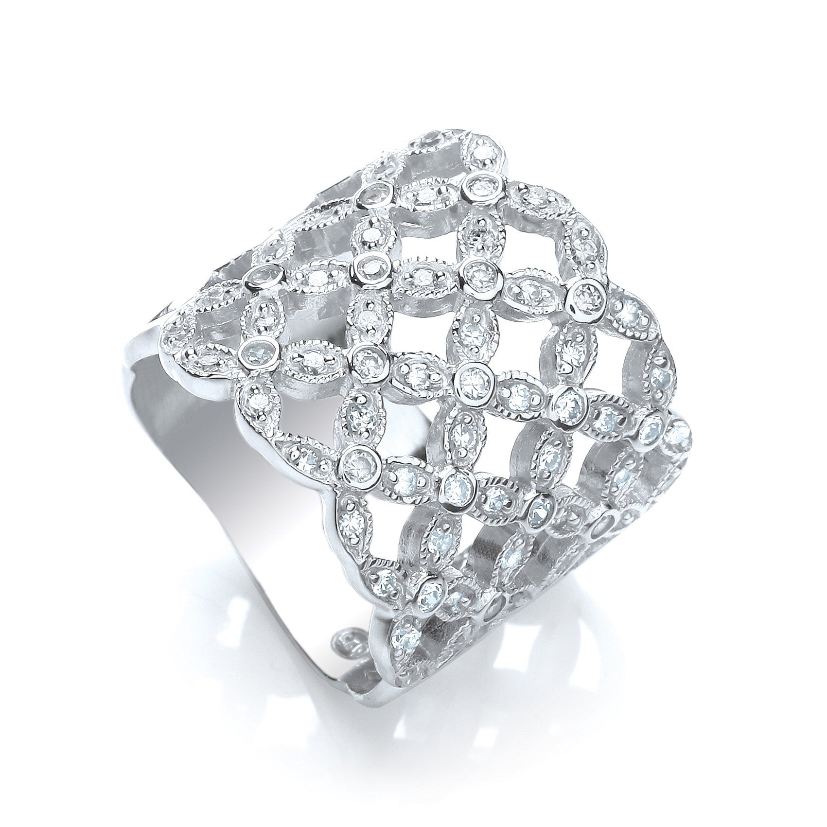 Multi-Row Fancy Flower Cubic Zirconia Ring - Silver