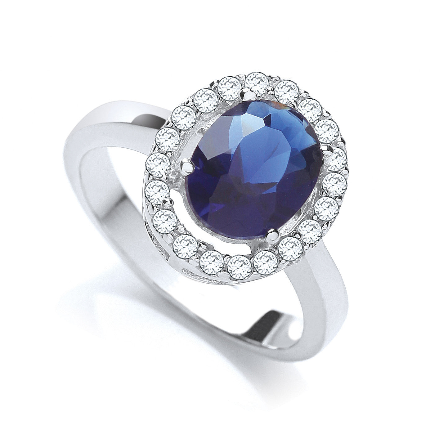 Blue Oval Cubic Zirconia Cluster Ring - Silver