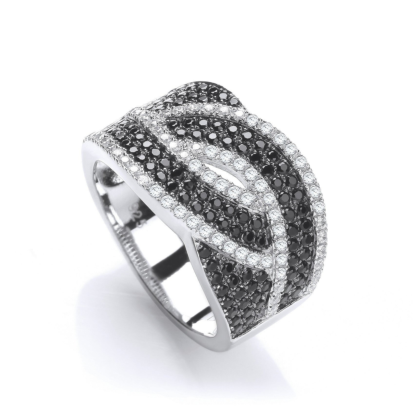 Micro Pave' Black & Clear Cubic Zirconia Ring - Silver