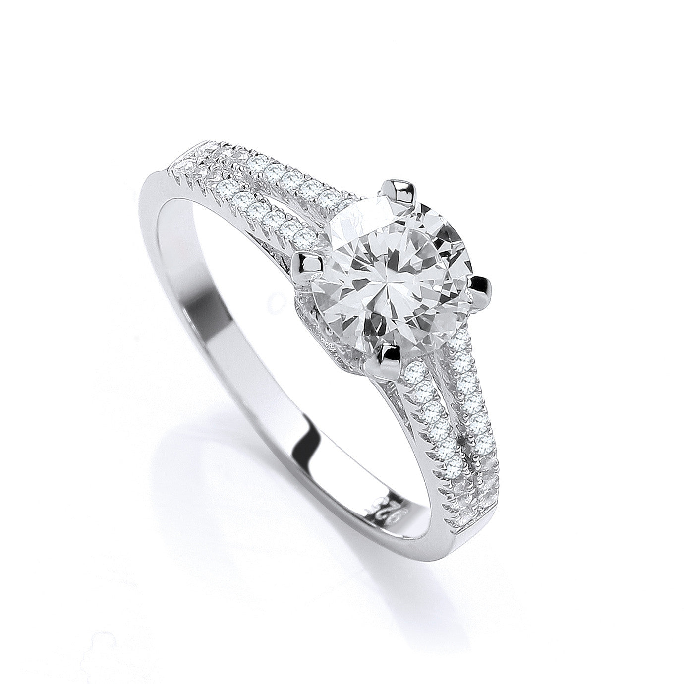 Micro Pave' Split Shank Solitaire Cubic Zirconia Ring - Silver
