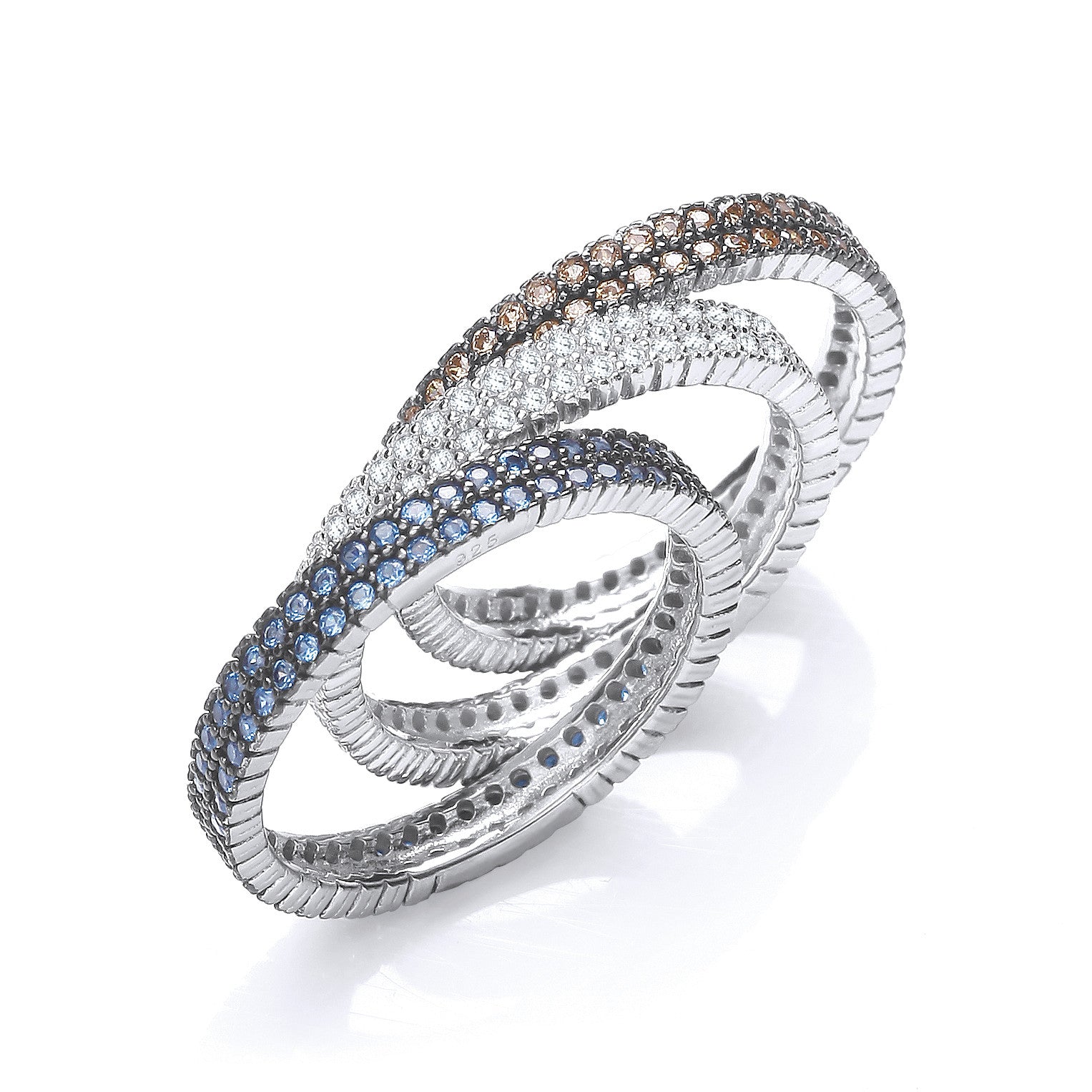 Micro Pave' 3 Band Ring (White, Sapphire & Champagne) - Silver
