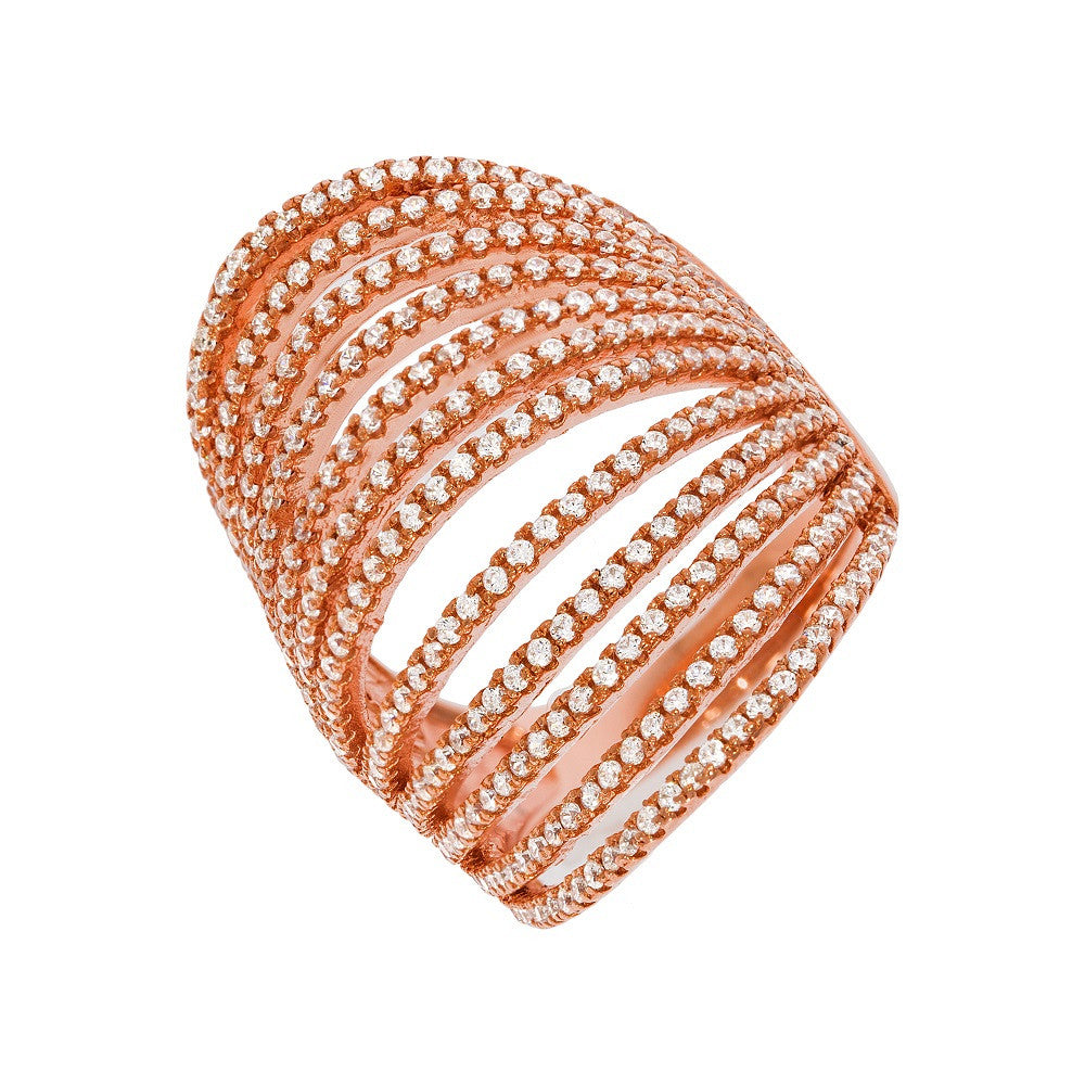 Micro Pave' Rose Coated & Silver 12 Row's of Cubic Zirconia Ring - Silver