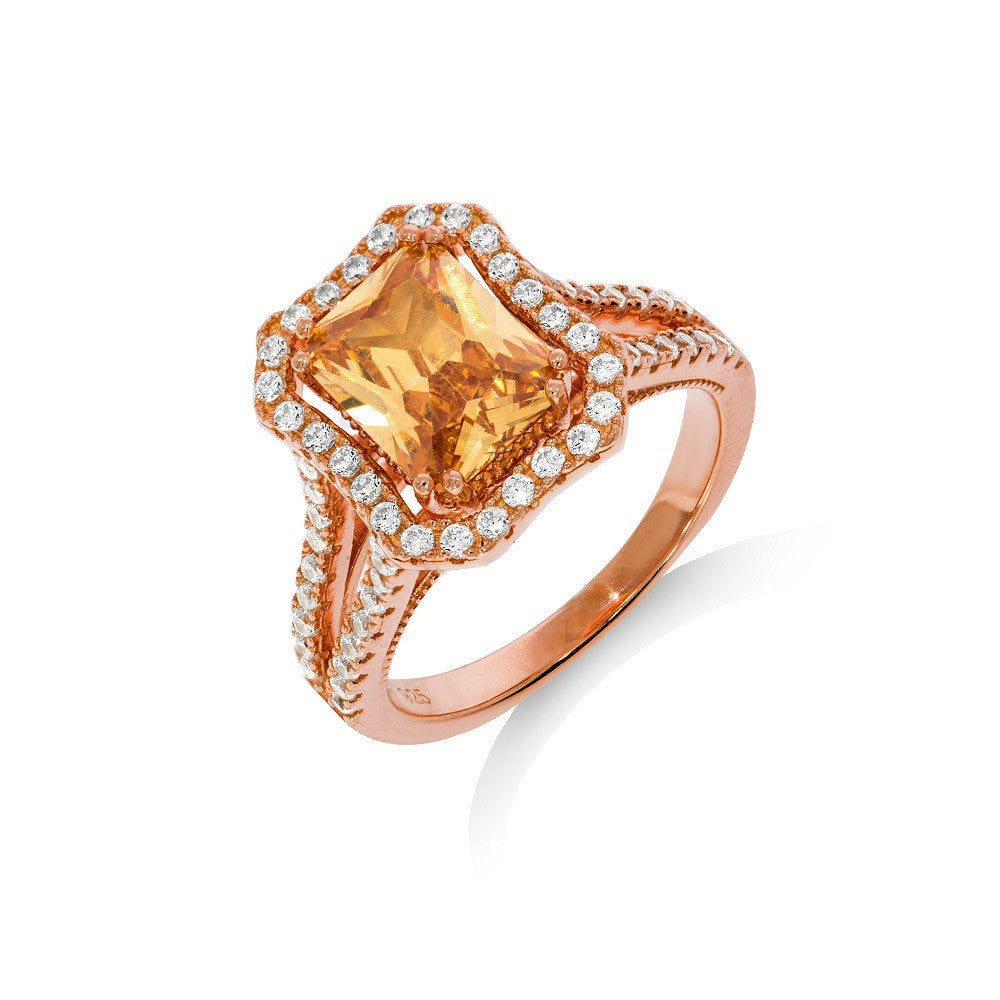 Micro Pave Rose Coated Champagne Centre Silver Cubic Zirconia Ring - Silver