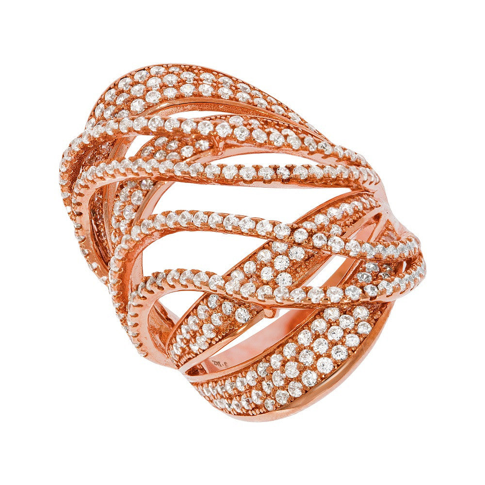 Micro Pave Rose Coated Fancy Silver Cubic Zirconia Ring - Silver