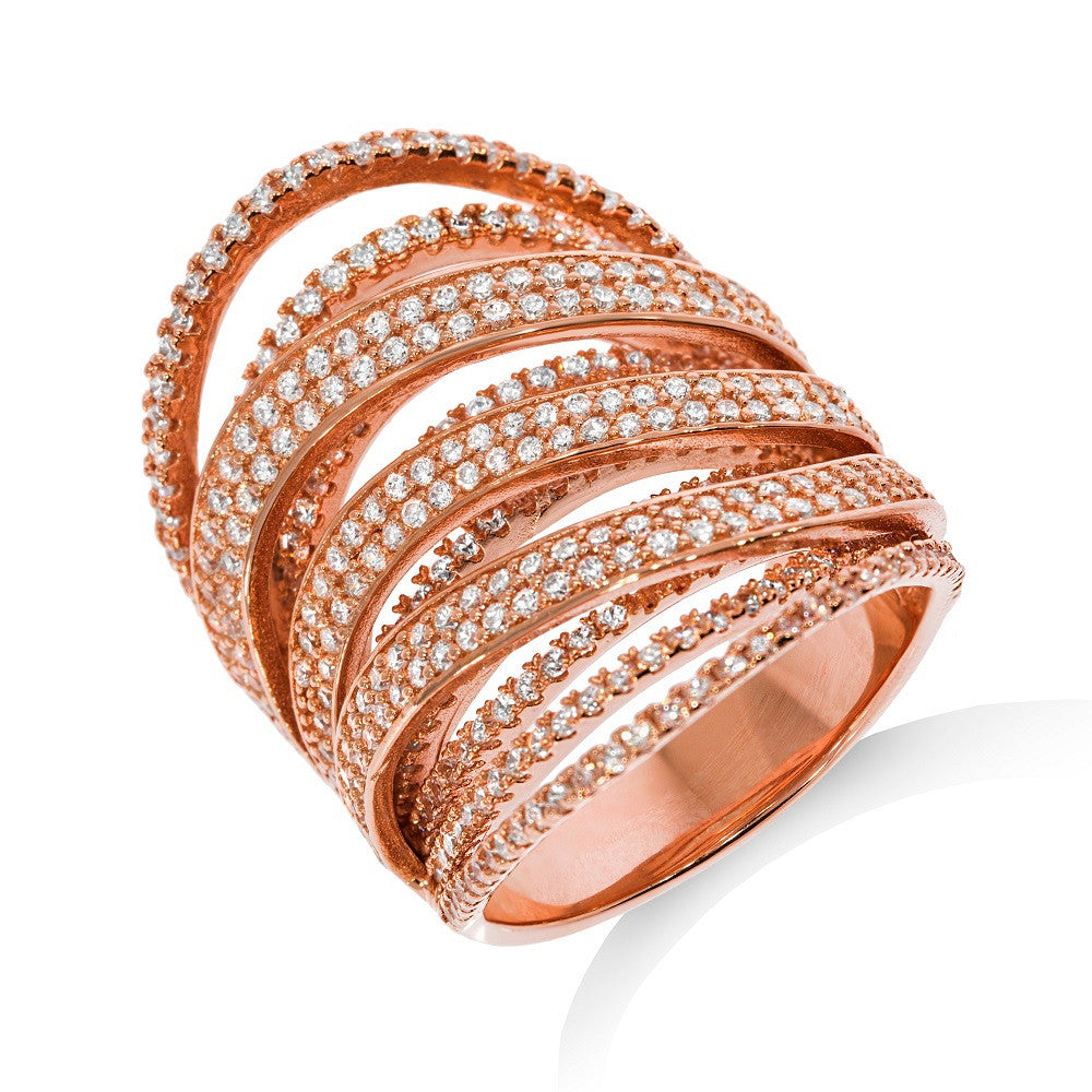Micro Pave Rose Coated Fancy Silver Cubic Zirconia Ring - Silver