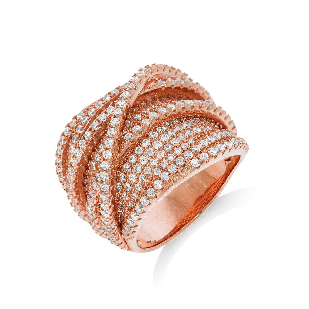 Micro Pave Rose Coated Fancy Silver Cubic Zirconia Ring - Silver
