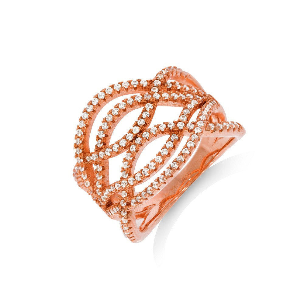 Micro Pave Rose Coated Fancy Silver Cubic Zirconia Ring - Silver