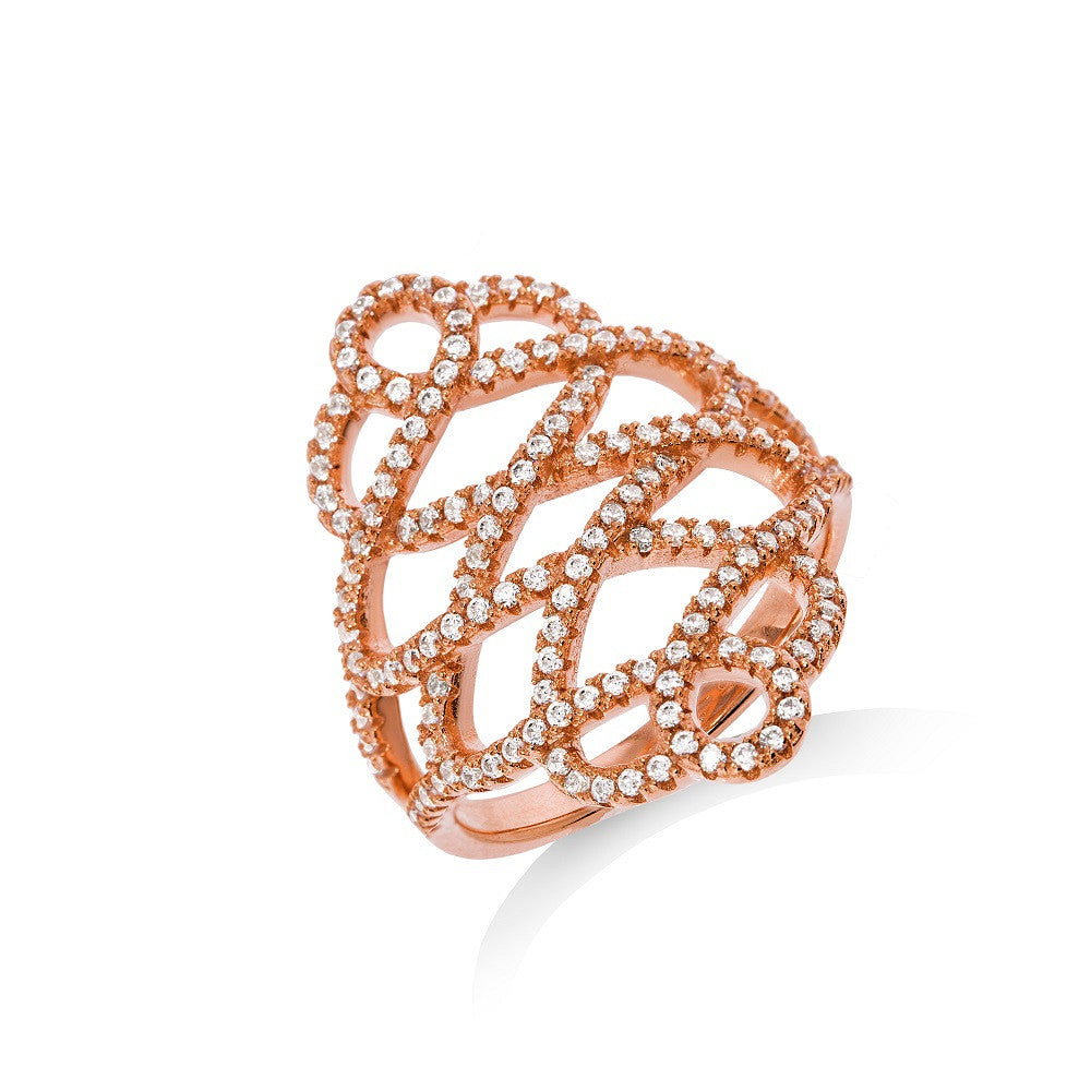 Micro Pave Rose Coated Fancy Silver Cubic Zirconia Ring - Silver