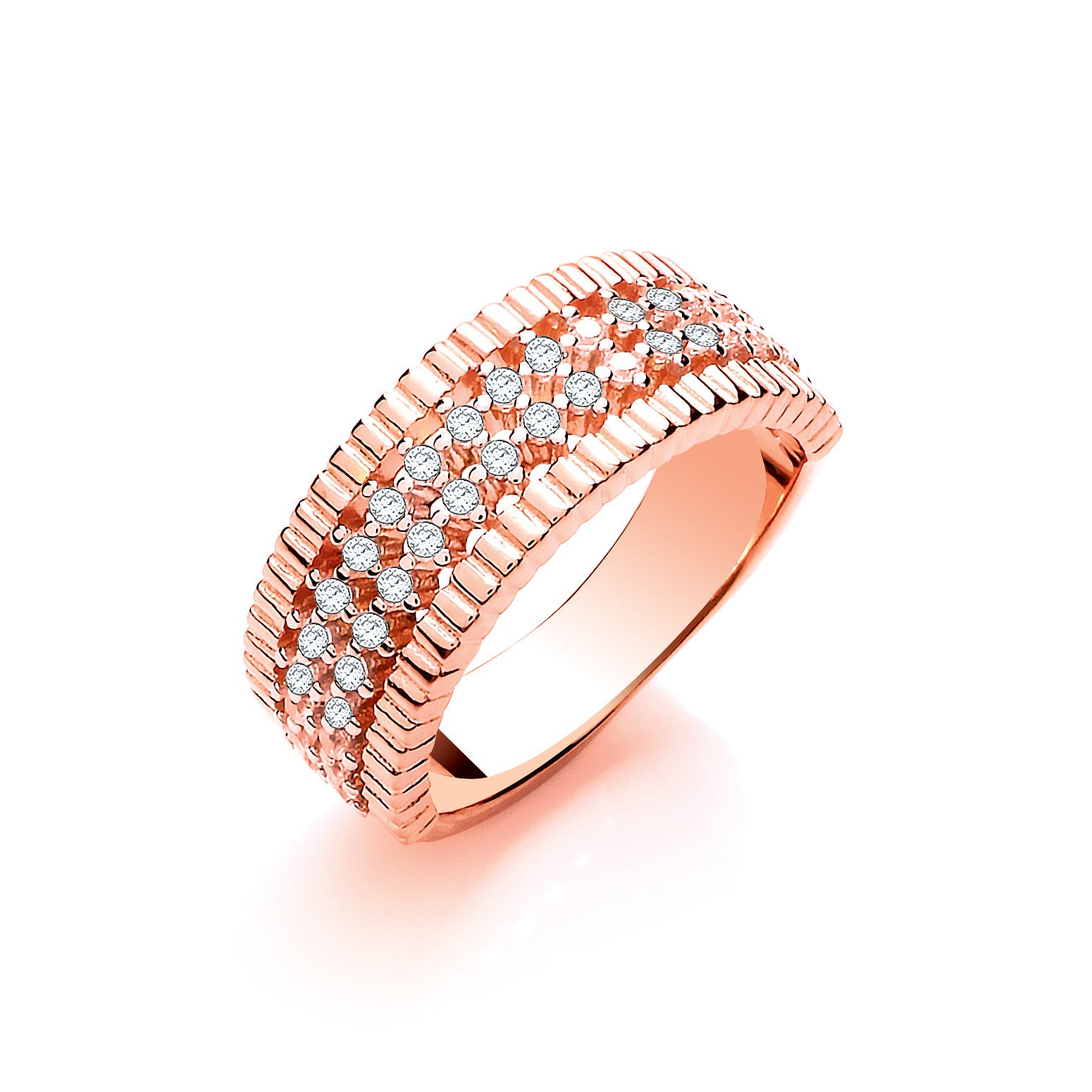Rose Coated Silver Two Rows of Cubic Zirconia Ladies Ring - Silver