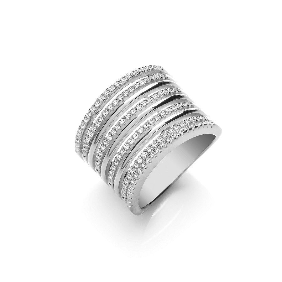 Micro Pave 9 Rows, Silver Ladies Ring - Silver