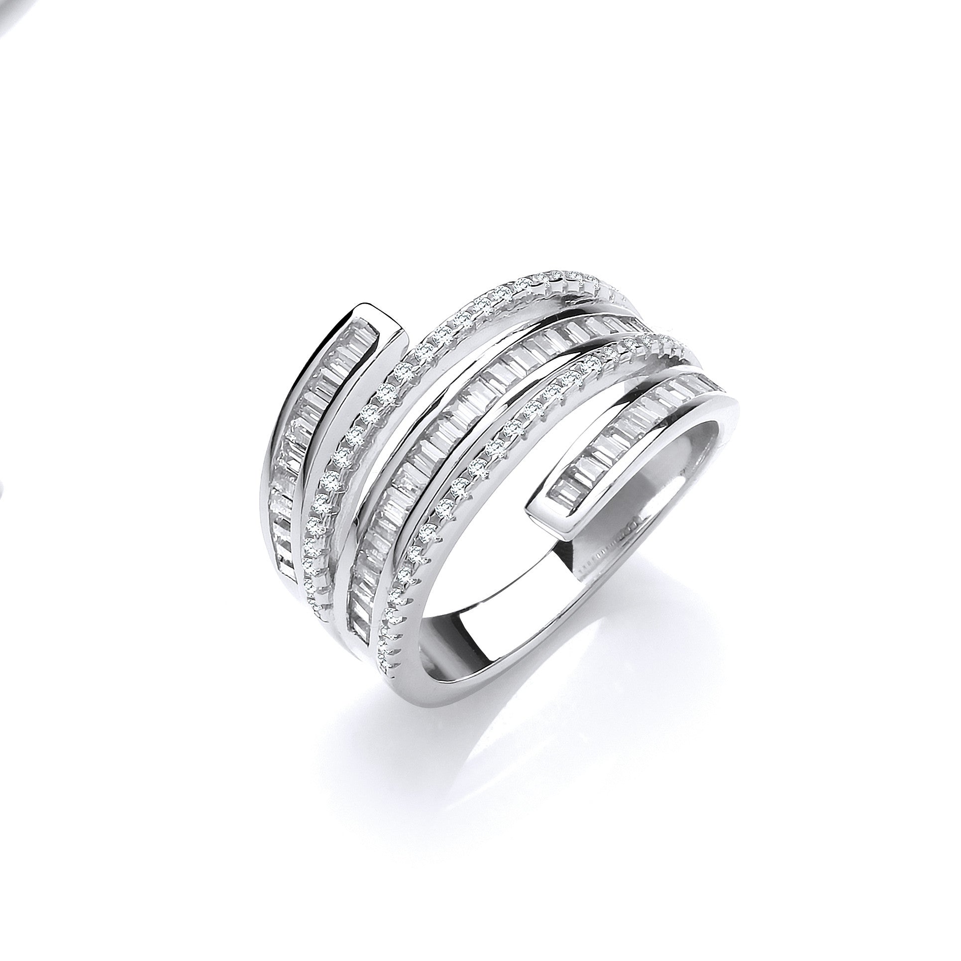 Bague en argent 5 couches avec zircones cubiques ronds et baguettes - Argent