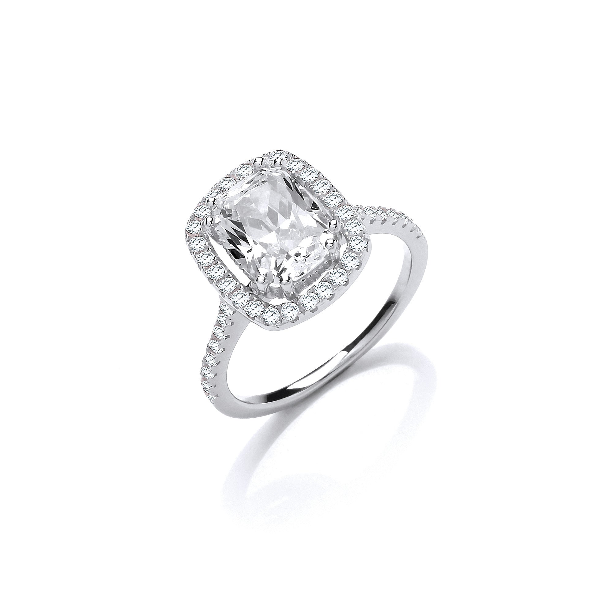 Halo Style High Setting Emerald Cut Cubic Zirconia Silver Ring - Silver