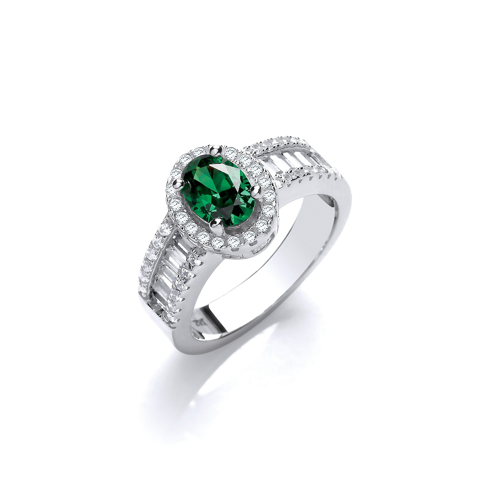 Oval Green Cubic Zirconia with Baguette & Round Cubic Zirconias on Shoulder Silver Ring - Silver