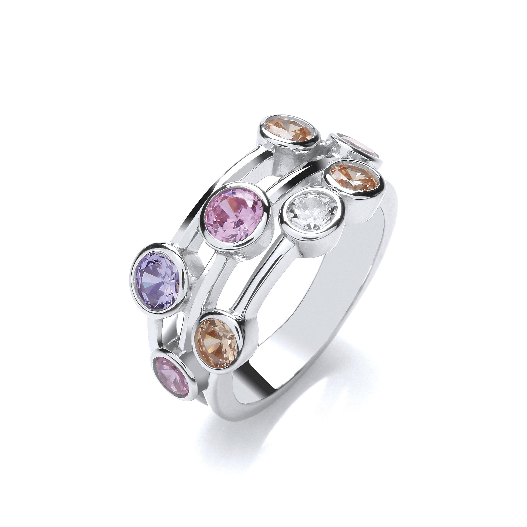 Multi Colour Rubover set Cubic Zirconias Ring - Silver