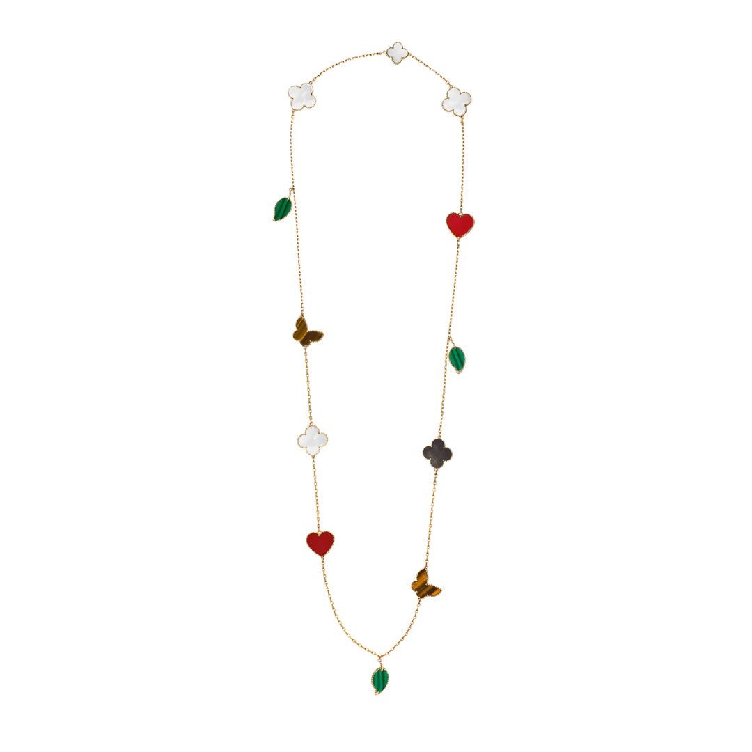 Van Cleef & Arpels Lucky Alhambra Long Necklace 12 Motifs Carnelian, Malachite, Mother-Of-Pearl and Tiger Eye 18K Yellow Gold