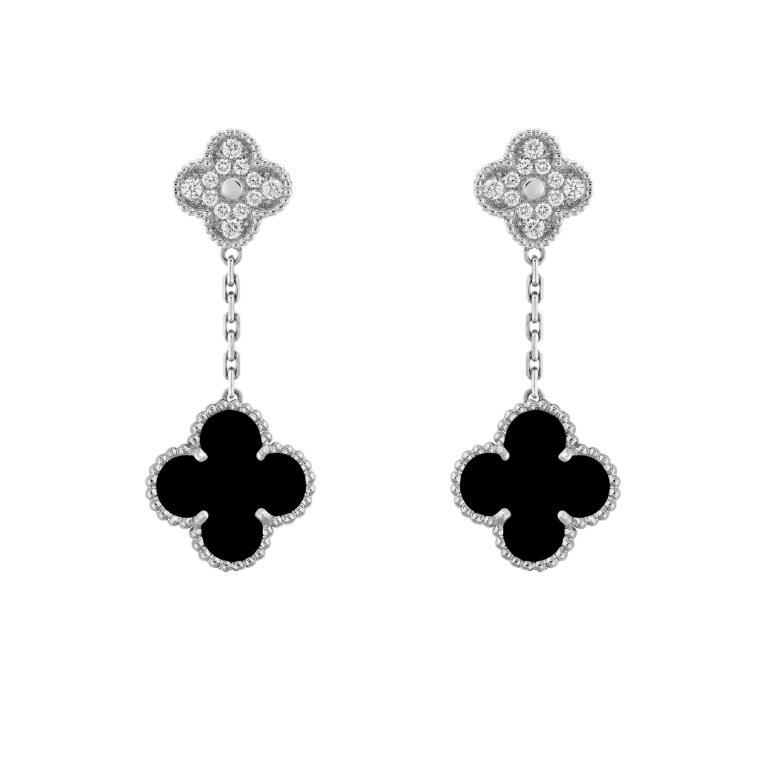 Van Cleef & Arpels Magic Alhambra Earrings 2 Motifs Diamonds and Onyx 18K White Gold