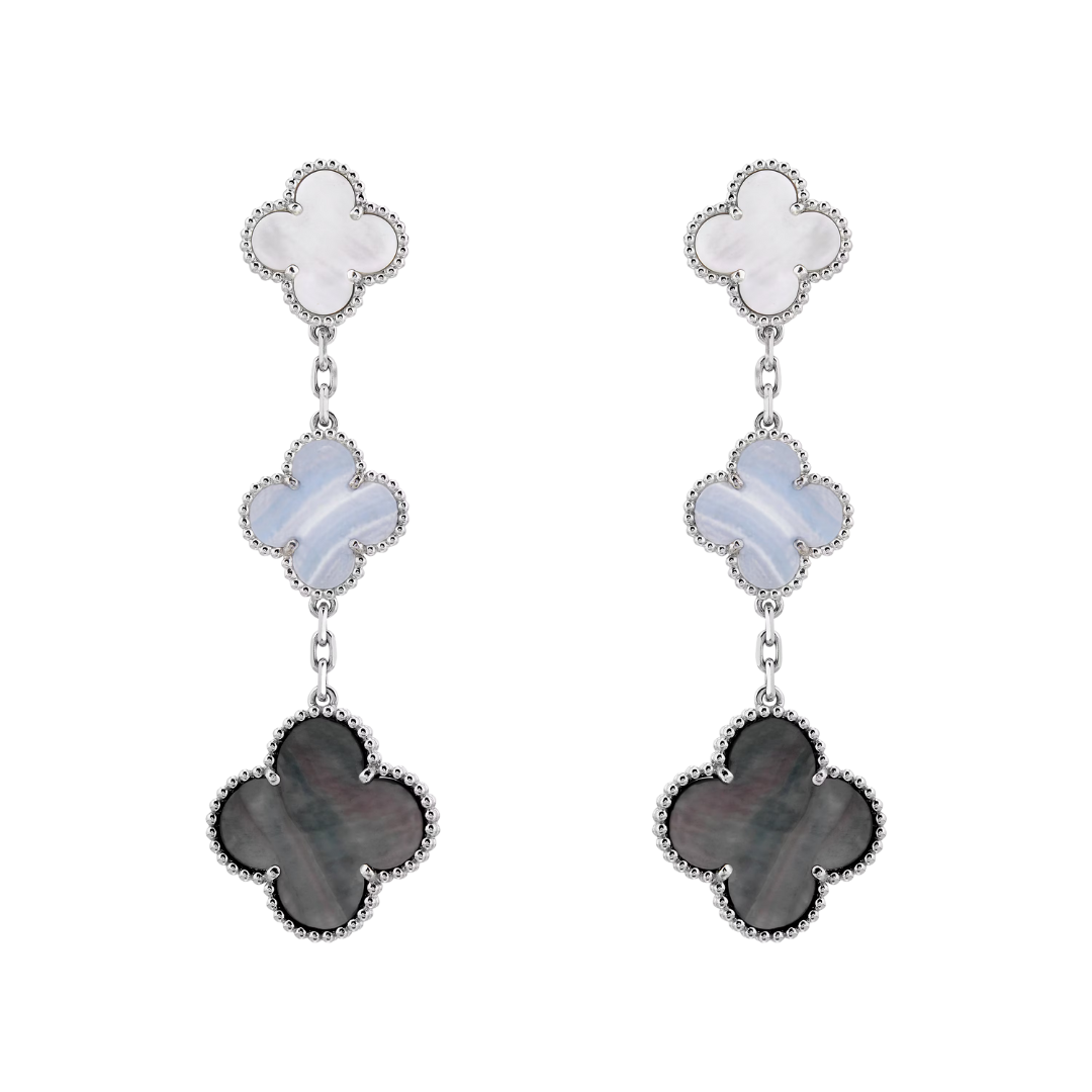 Van Cleef & Arpels Magic Alhambra Earrings 3 Motifs Chalcedony and Mother-Of-Pearl 18K White Gold