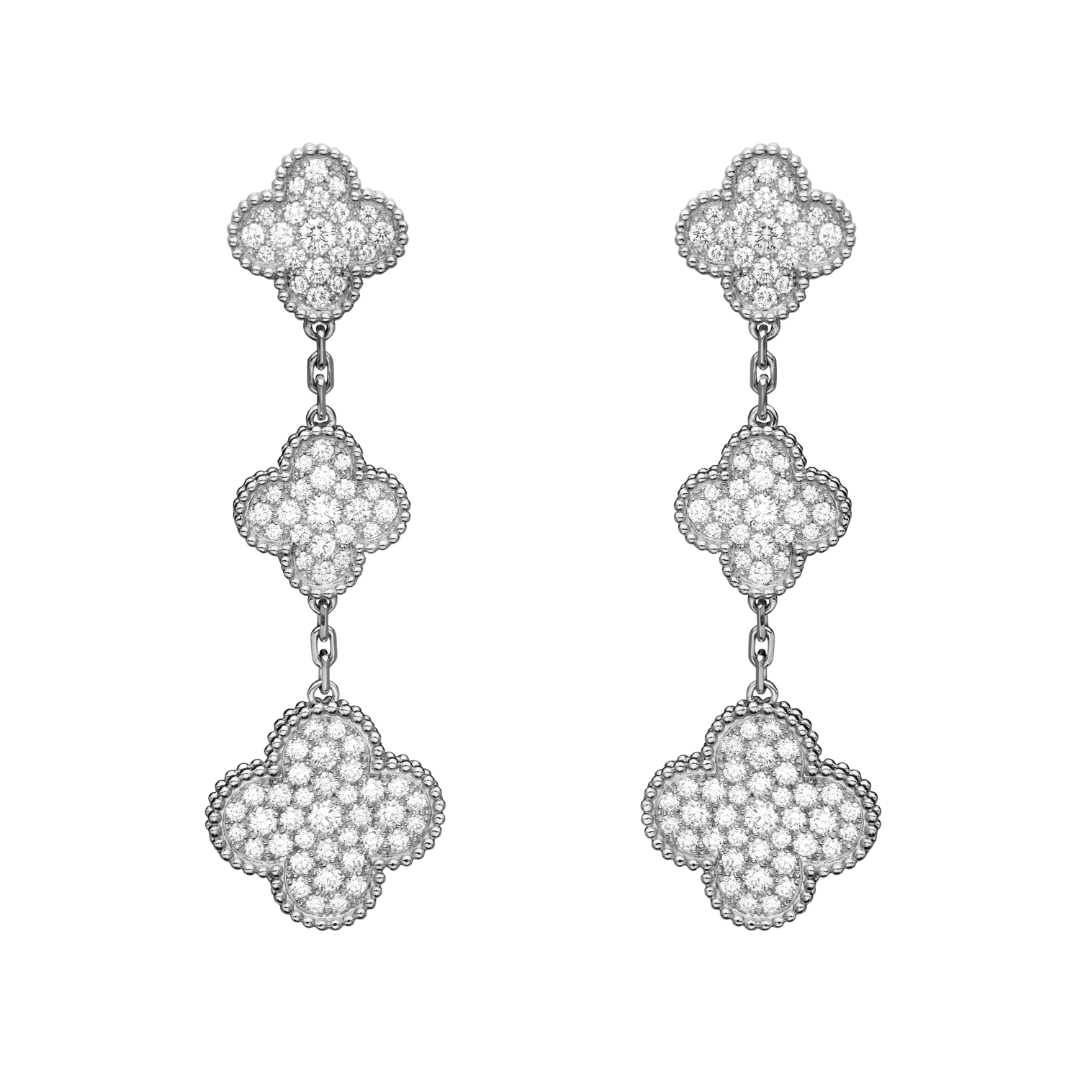 Van Cleef & Arpels Magic Alhambra Earrings 3 Motifs Diamonds 18K White Gold