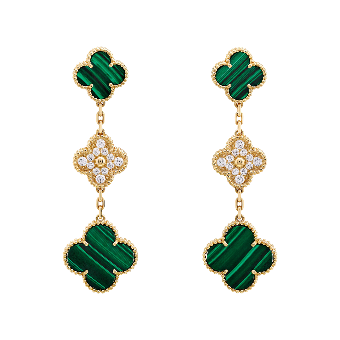 Van Cleef & Arpels Magic Alhambra Earrings 3 Motifs Diamonds and Malachite 18K Yellow Gold