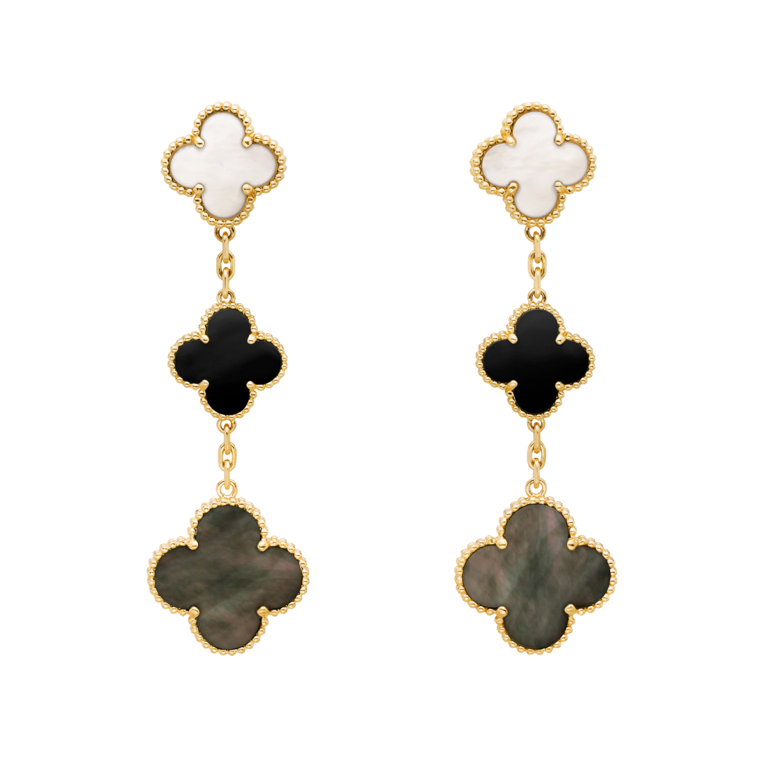 Van Cleef & Arpels Magic Alhambra Earrings 3 Motifs Mother-Of-Pearl and Onyx 18K Yellow Gold
