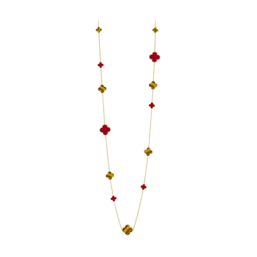 Van Cleef & Arpels Magic Alhambra Long Necklace 16 Motifs Carnelian and Tiger Eye 18K Yellow Gold