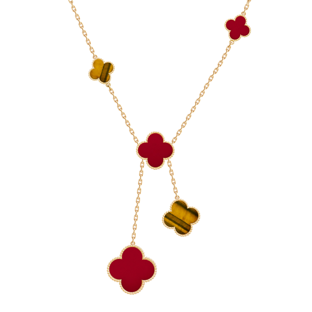 Van Cleef & Arpels Magic Alhambra Necklace 6 Motifs Carnelian and Tiger Eye 18K Yellow Gold