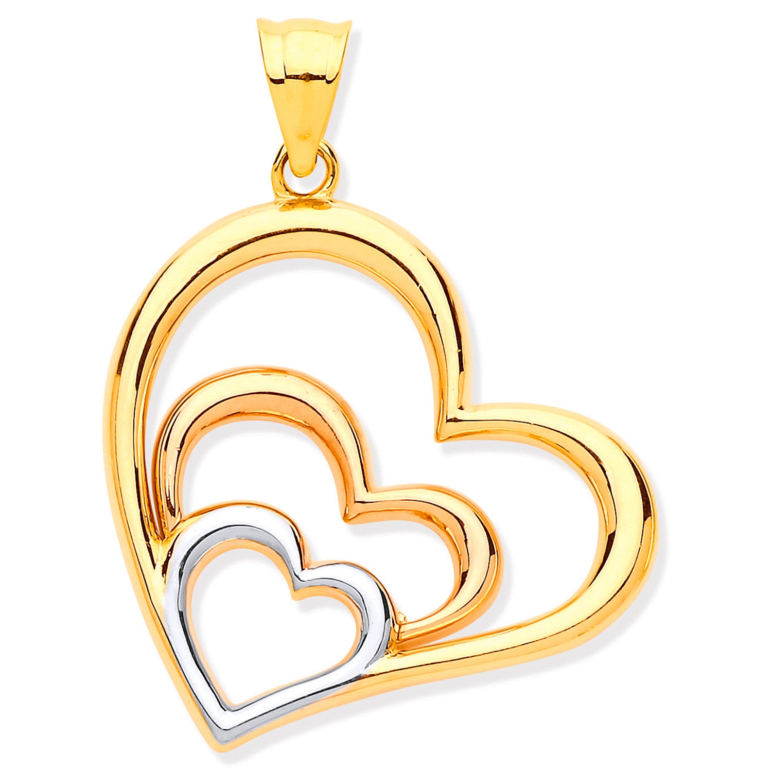 White, R & Yellow Gold Cubic Zirconia Hearts Pendant - 9ct Gold