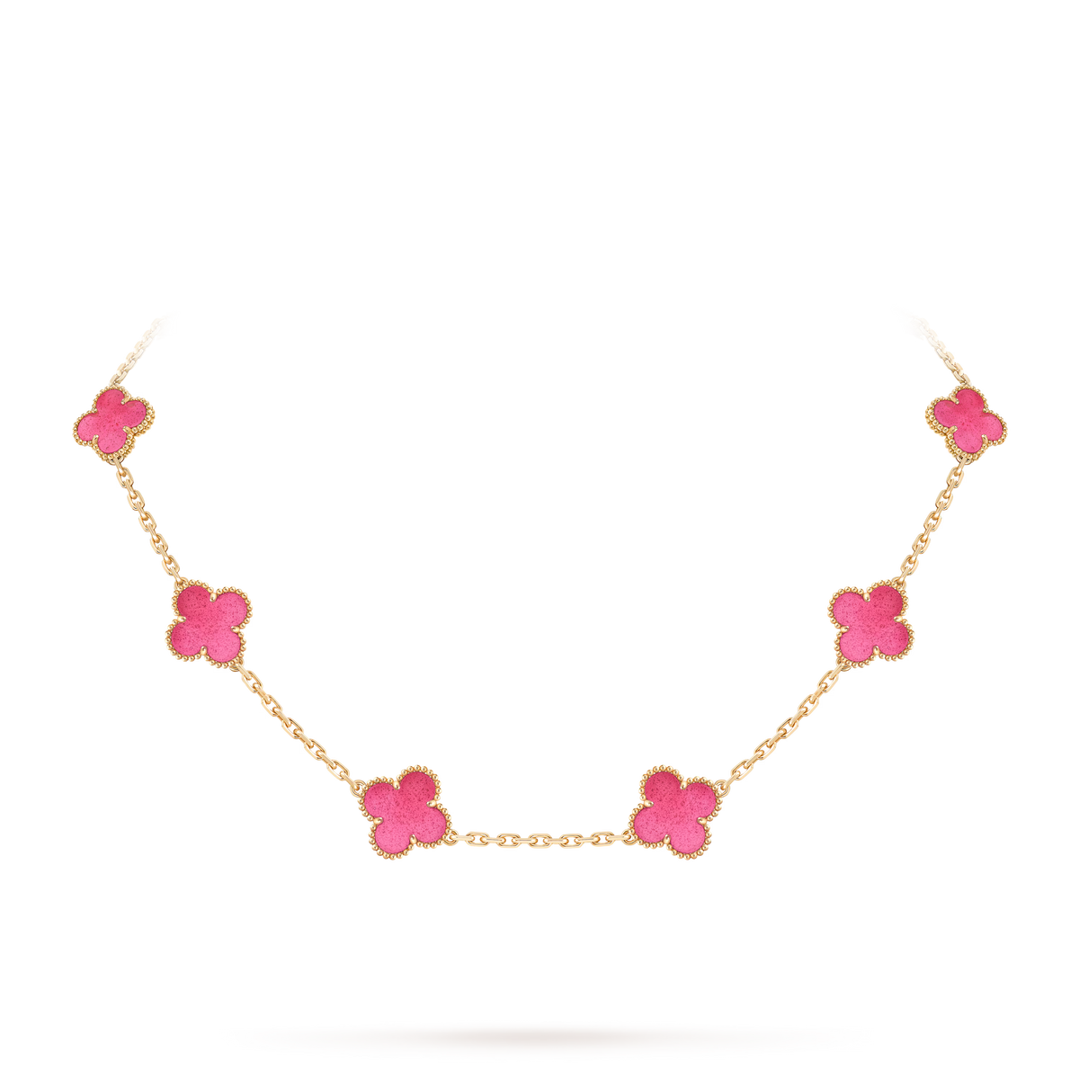 Van Cleef & Arpels Vintage Alhambra 10 Motifs Pink Enamel Necklace 18K Yellow Gold