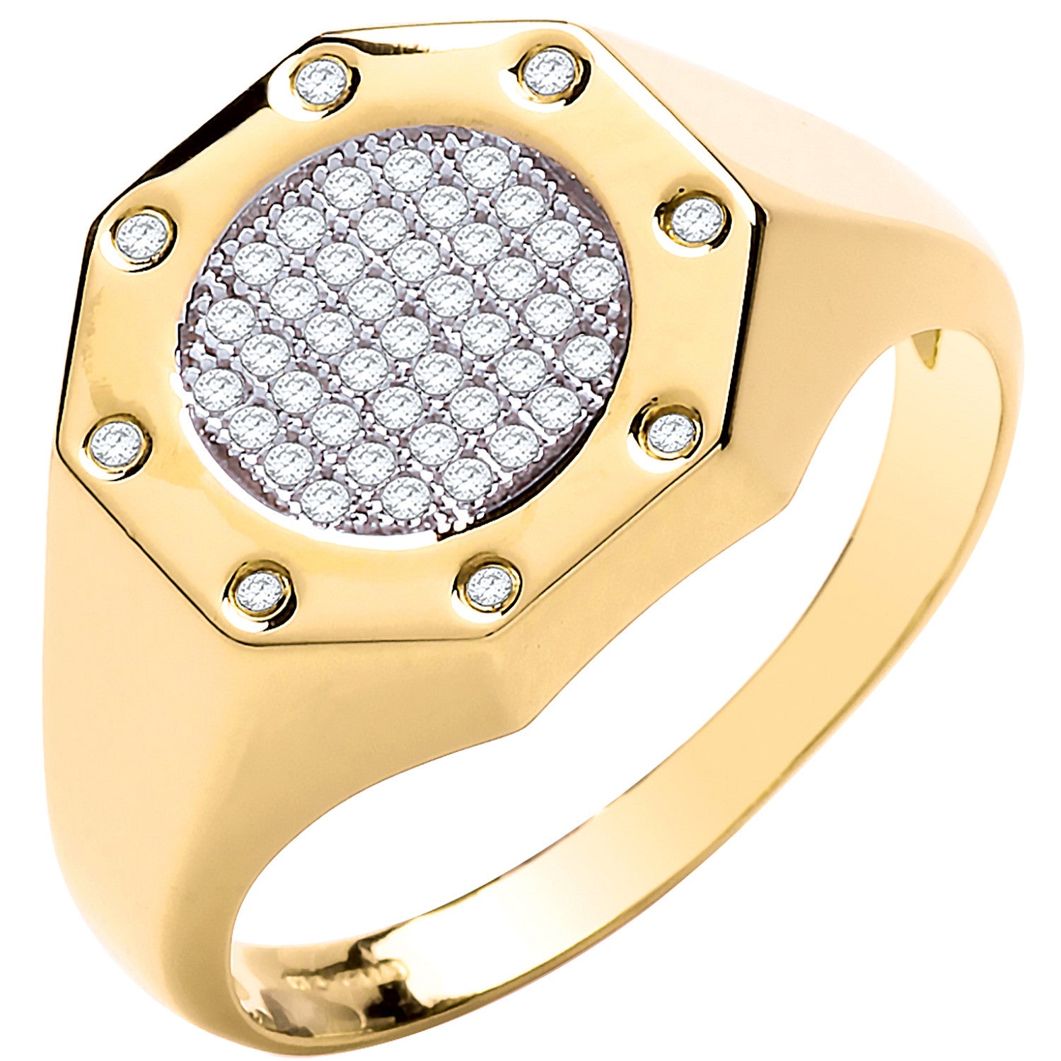 Yellow Gold Octagon Top Fashion Cubic Zirconia Gents Ring - 9ct Gold