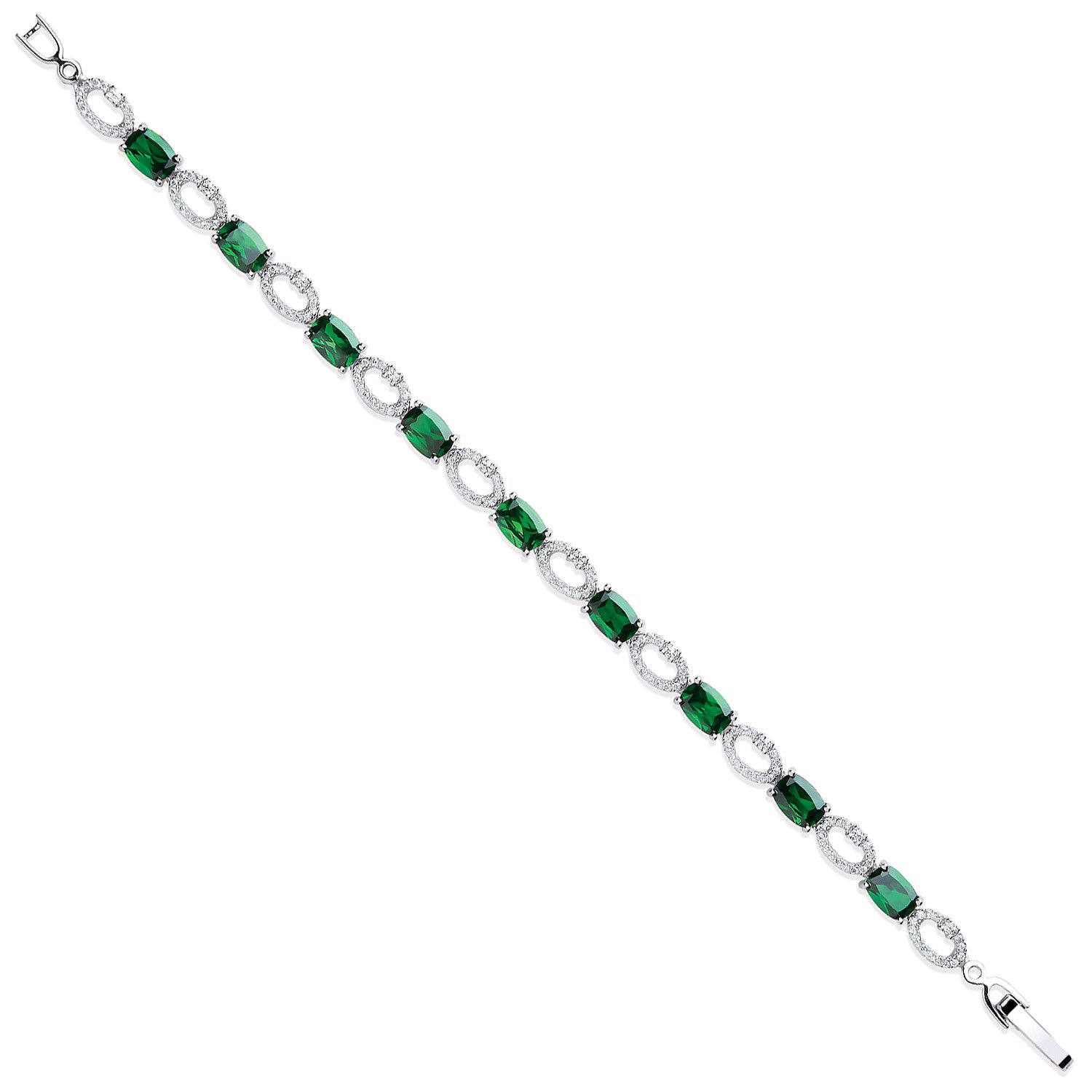 Silver Oval Cut Green & Clear Cubic Zirconias Tennis Bracelet - Silver