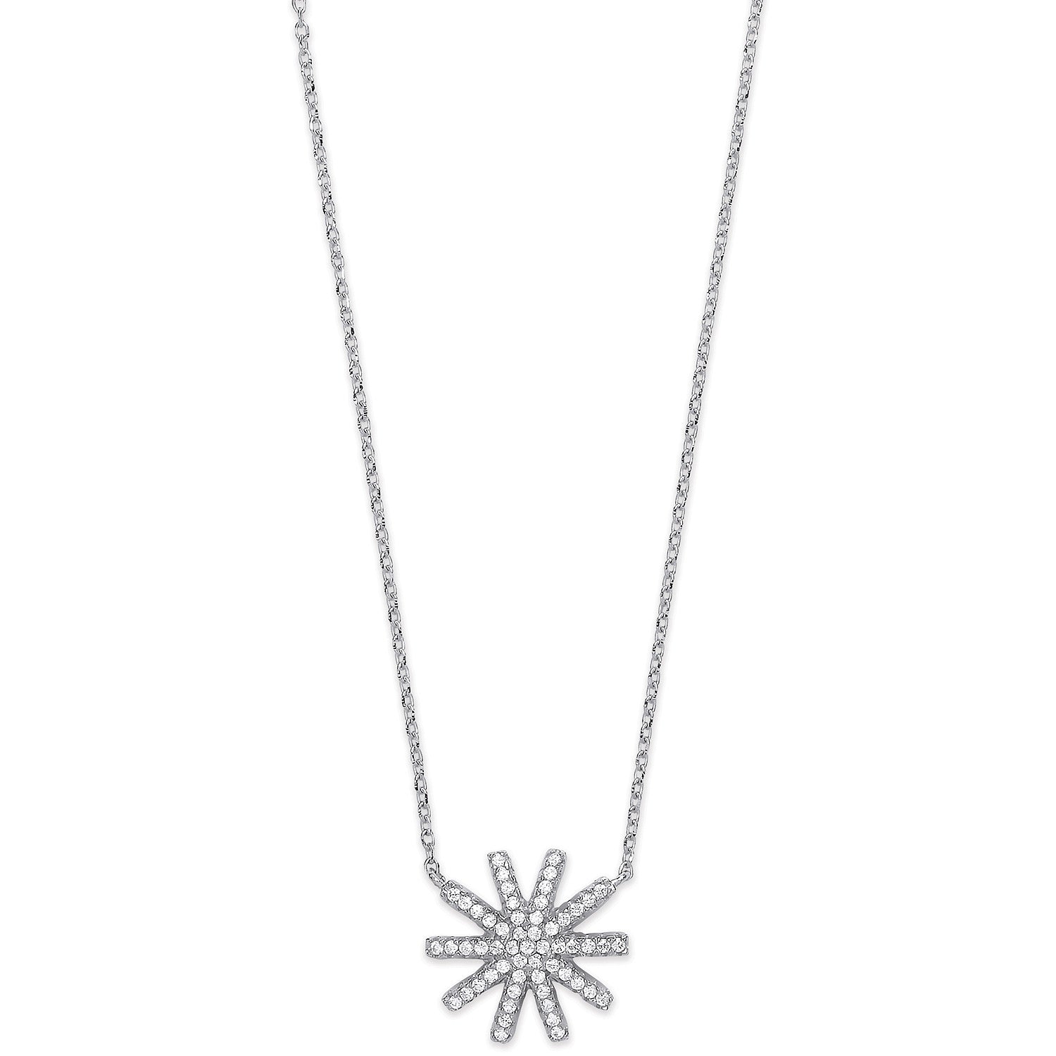 Silver Cubic Zirconia Starburst Pendant 16" Necklace - Silver