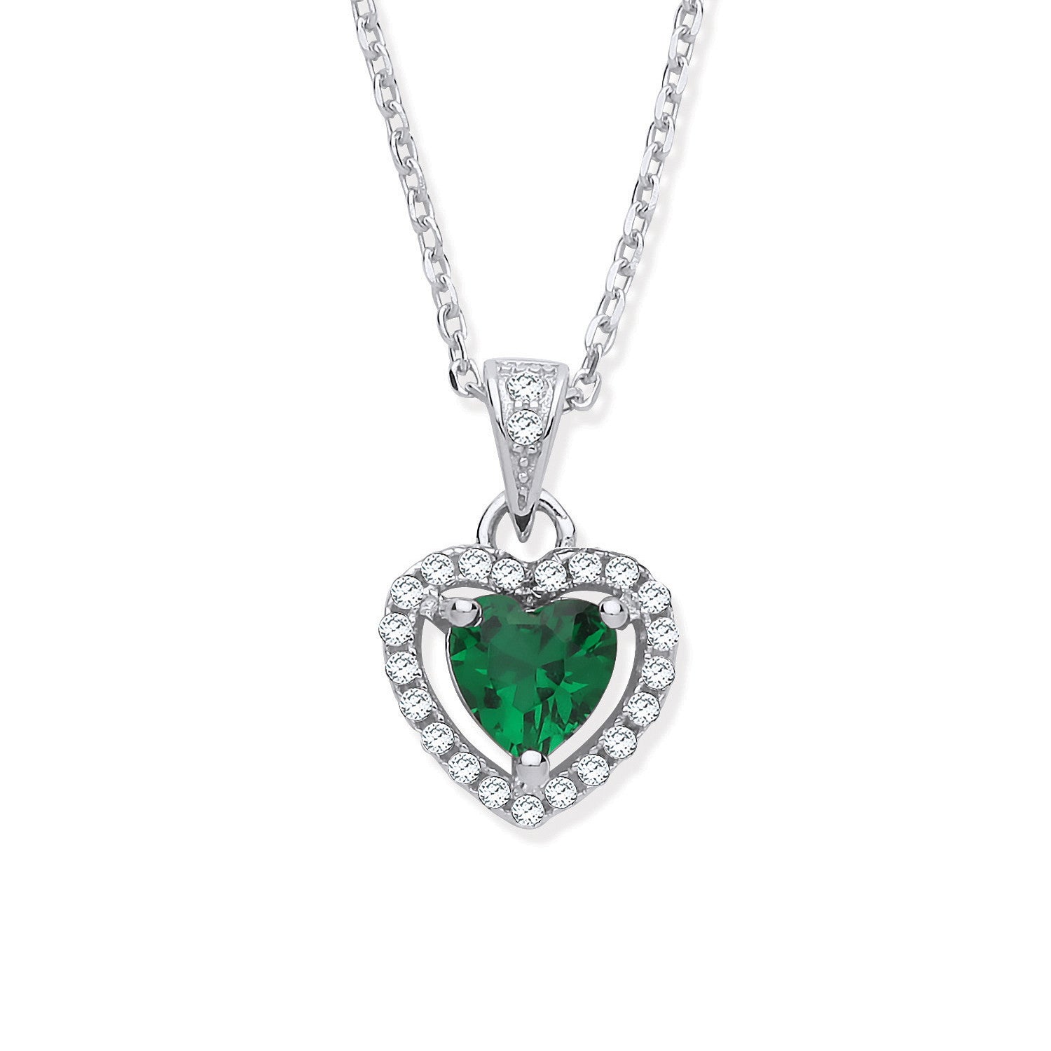Silver Green Cubic Zirconia Halo Heart Pendant Necklace - Silver