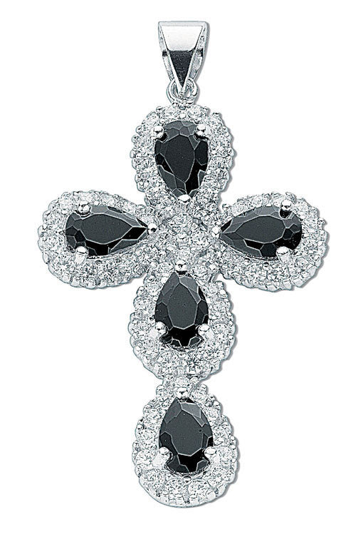 Silver Black & White Fancy Cubic Zirconia Cross - Silver