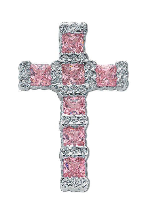 Silver Pink & White Fancy Cubic Zirconia Cross - Silver