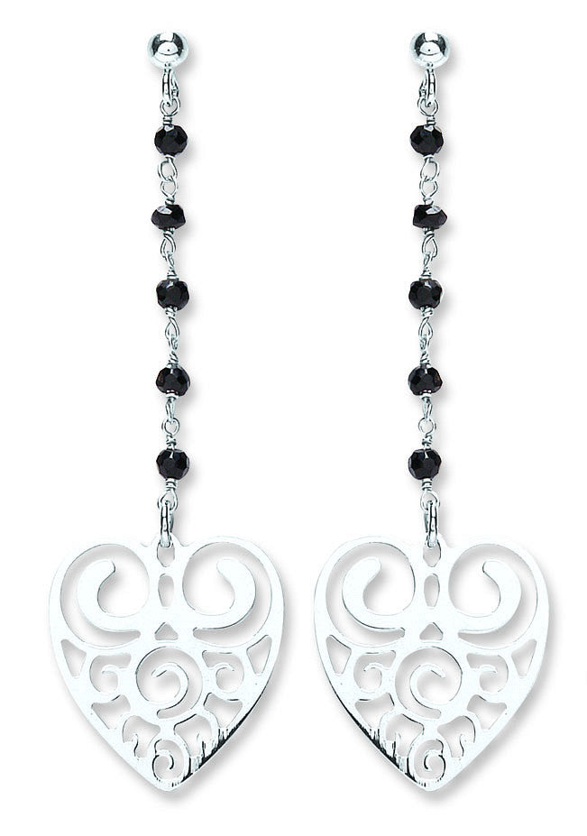 P/P Silver Black Bead Filigree Heart Drops - Silver