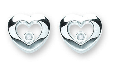 Silver Floating Cubic Zirconia Heart Stud Earrings - Silver