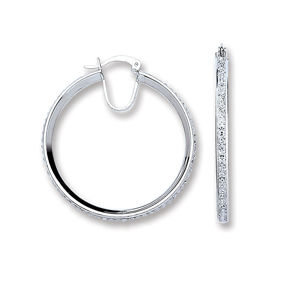 Silver Single Row Crystal Hoop Earrings - Silver