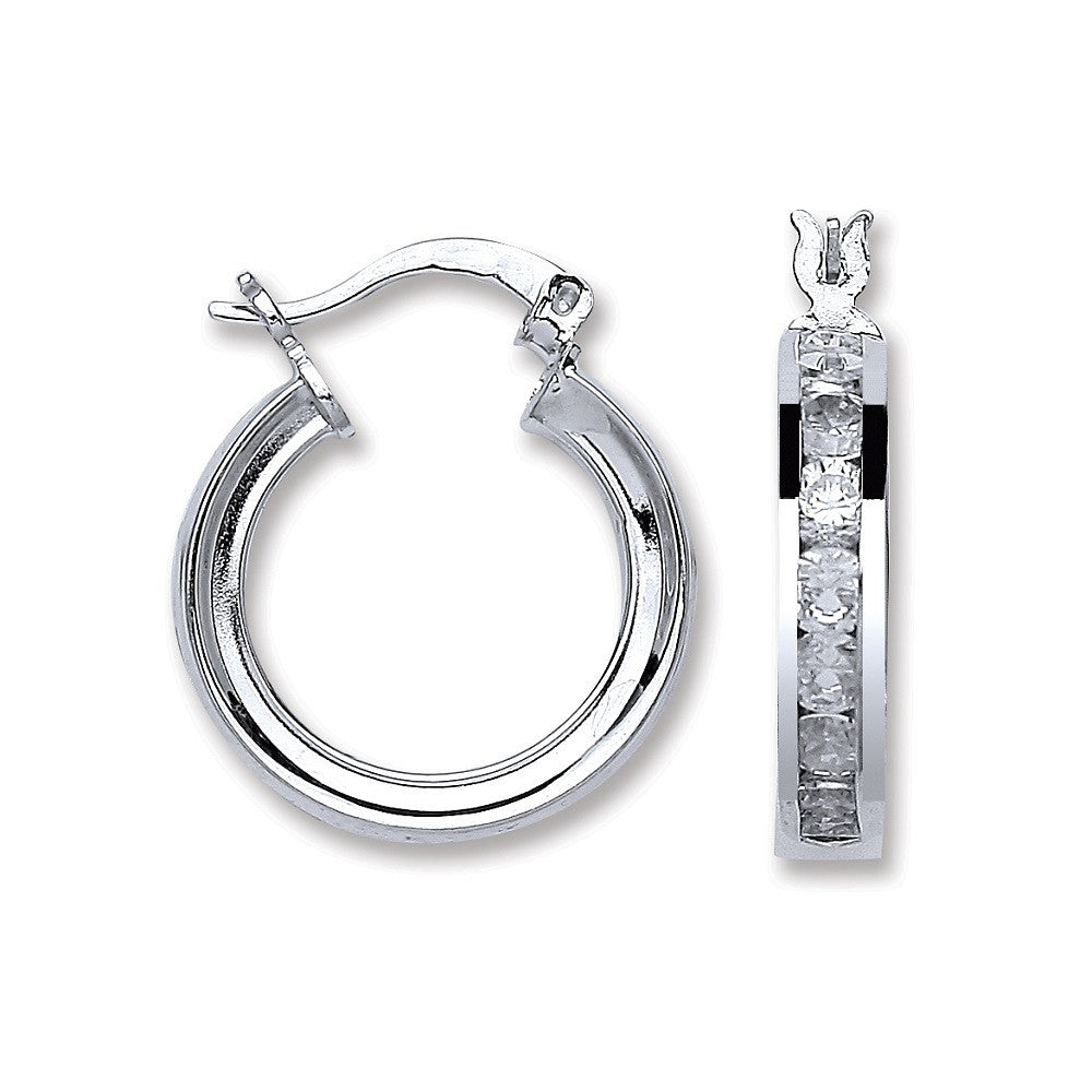 Silver Channel Set Cubic Zirconia Hoop Earrings - Silver