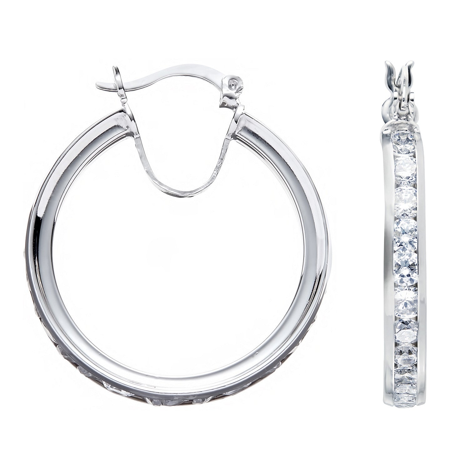 Silver Channel Set Cubic Zirconia Hoop Earrings - Silver