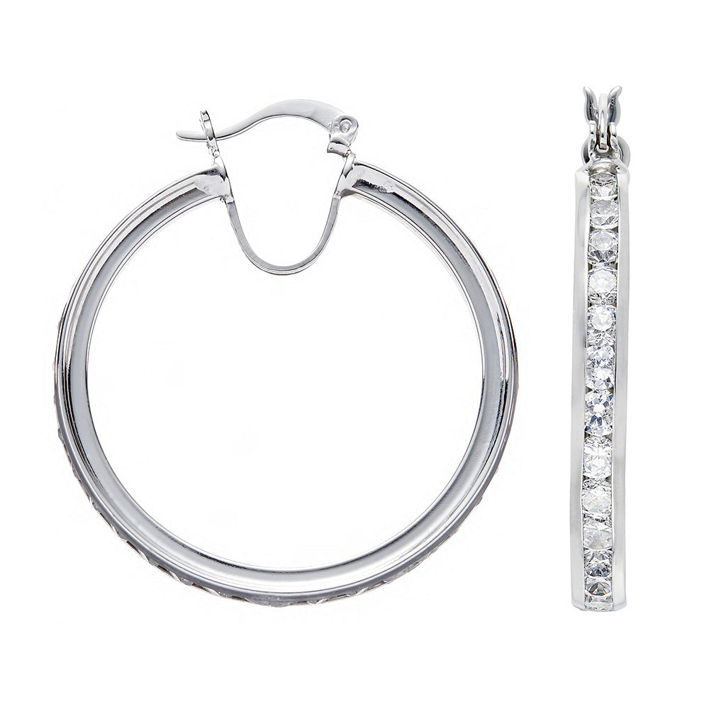 Silver Channel Set Cubic Zirconia Hoop Earrings - Silver