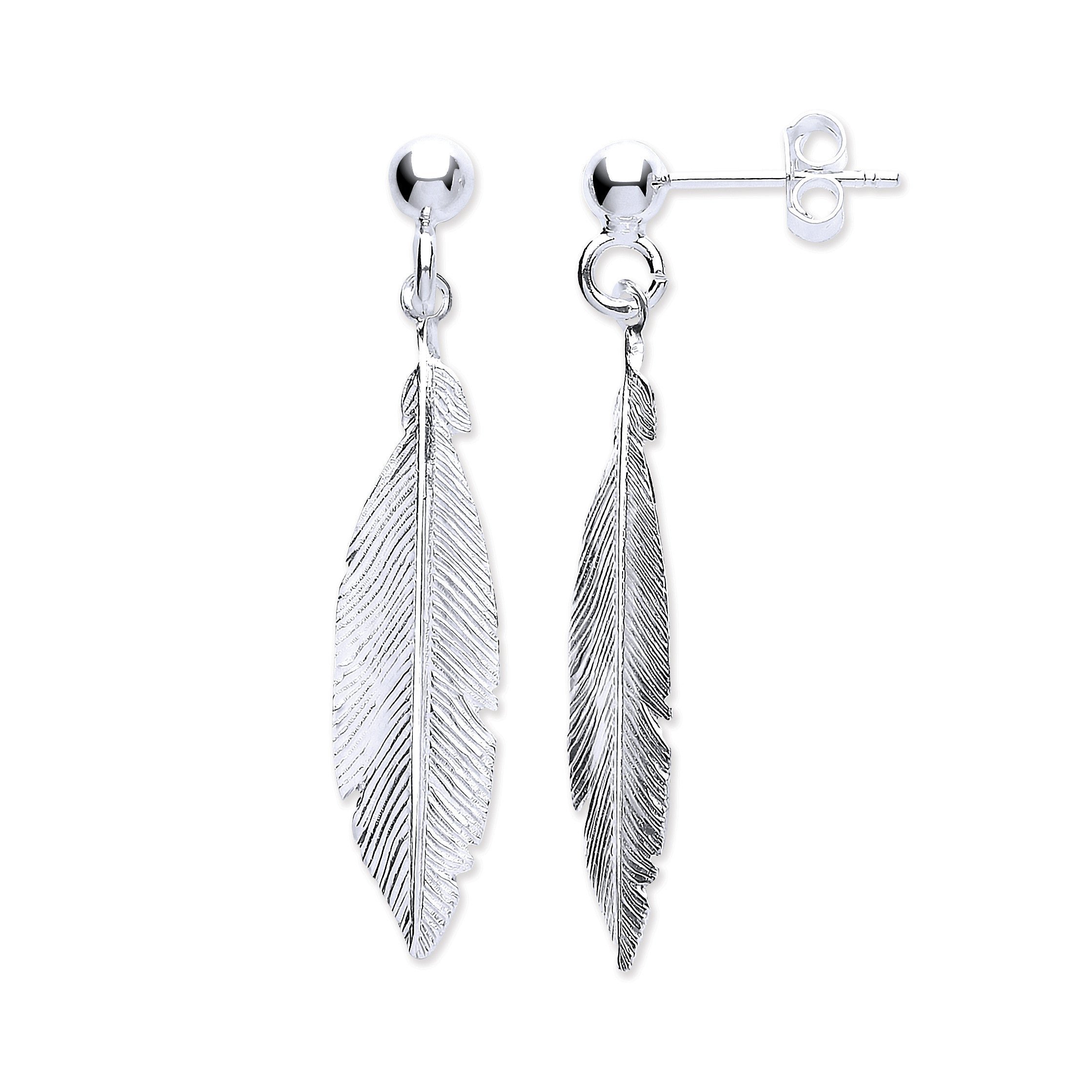 Silver Feather Drop Earrings - Silver