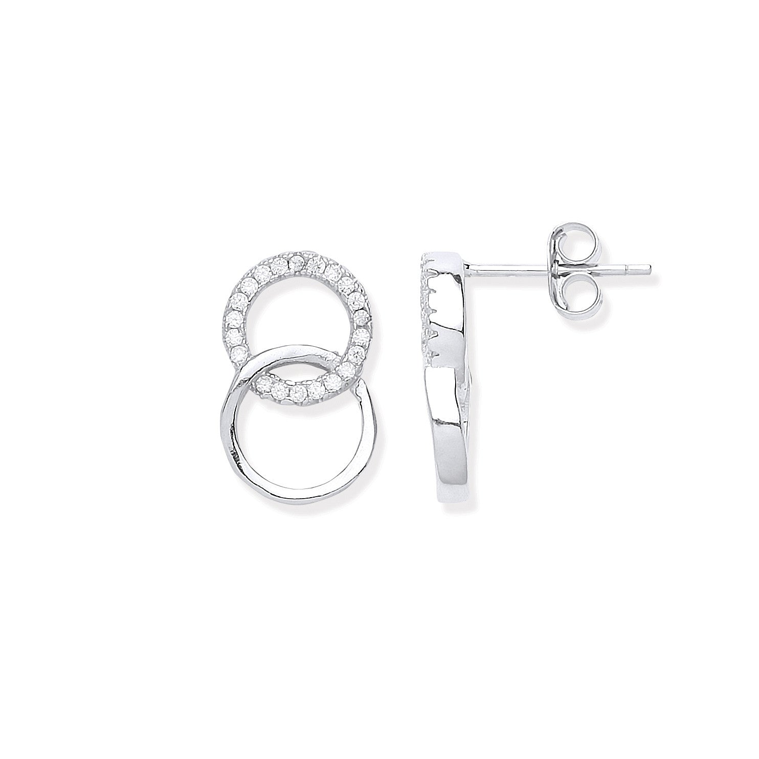 Silver Interlocking Circles Cubic Zirconia Stud Earrings - Silver