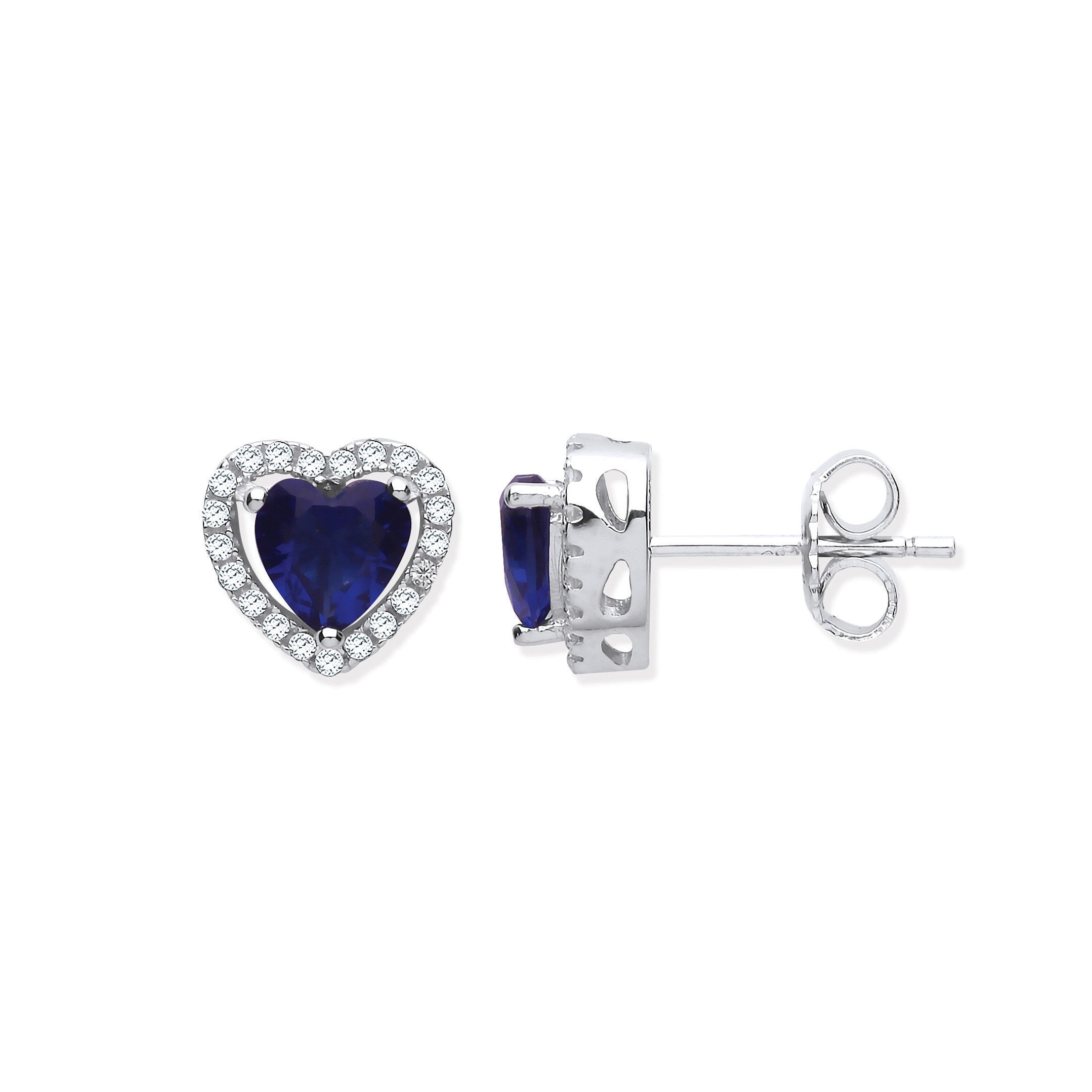 Silver Blue Cubic Zirconia Halo Heart Stud Earrings - Silver