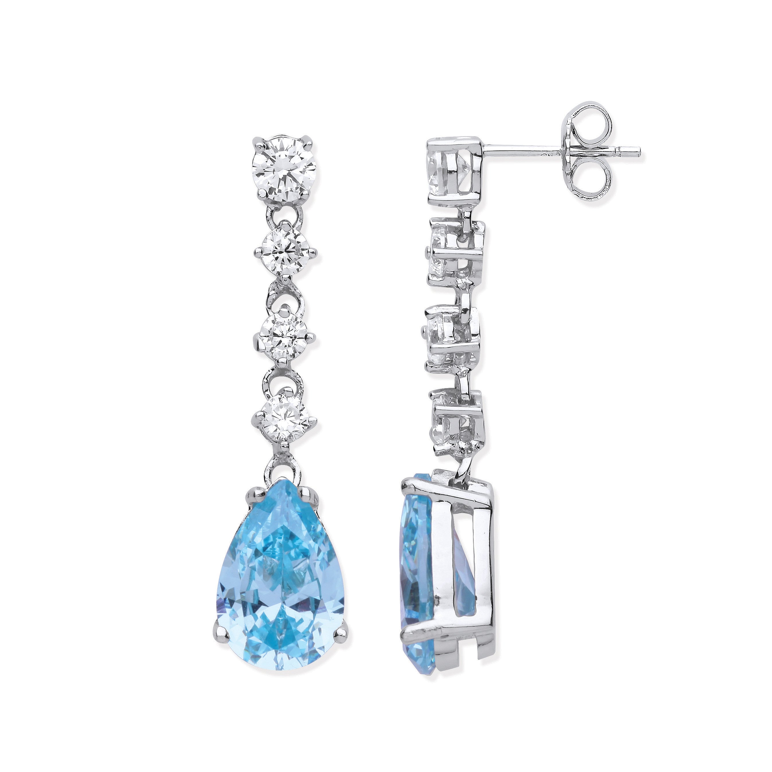 Silver Clear & Aquamarine Colour Cubic Zirconias Long Drop Earrings - Silver
