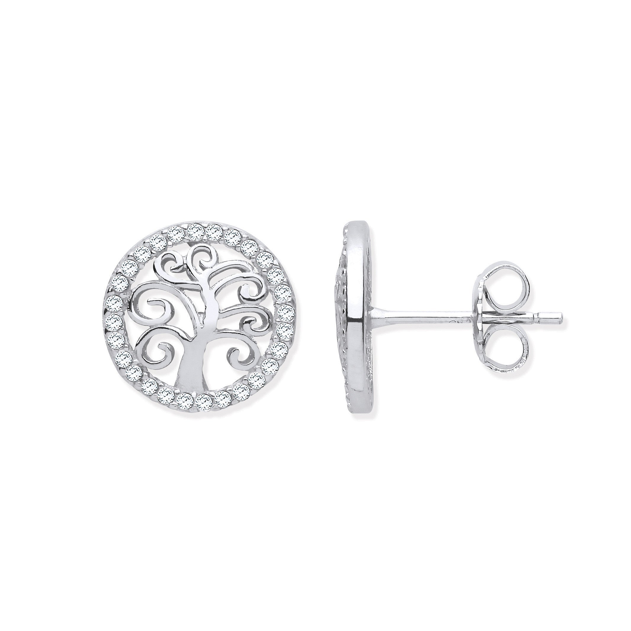 Silver Tree of Life Cubic Zirconia Stud Earrings - Silver