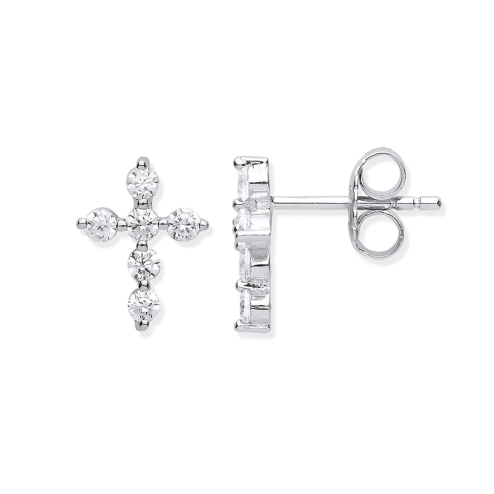 Silver Cubic Zirconia Small Cross Stud Earrings - Silver