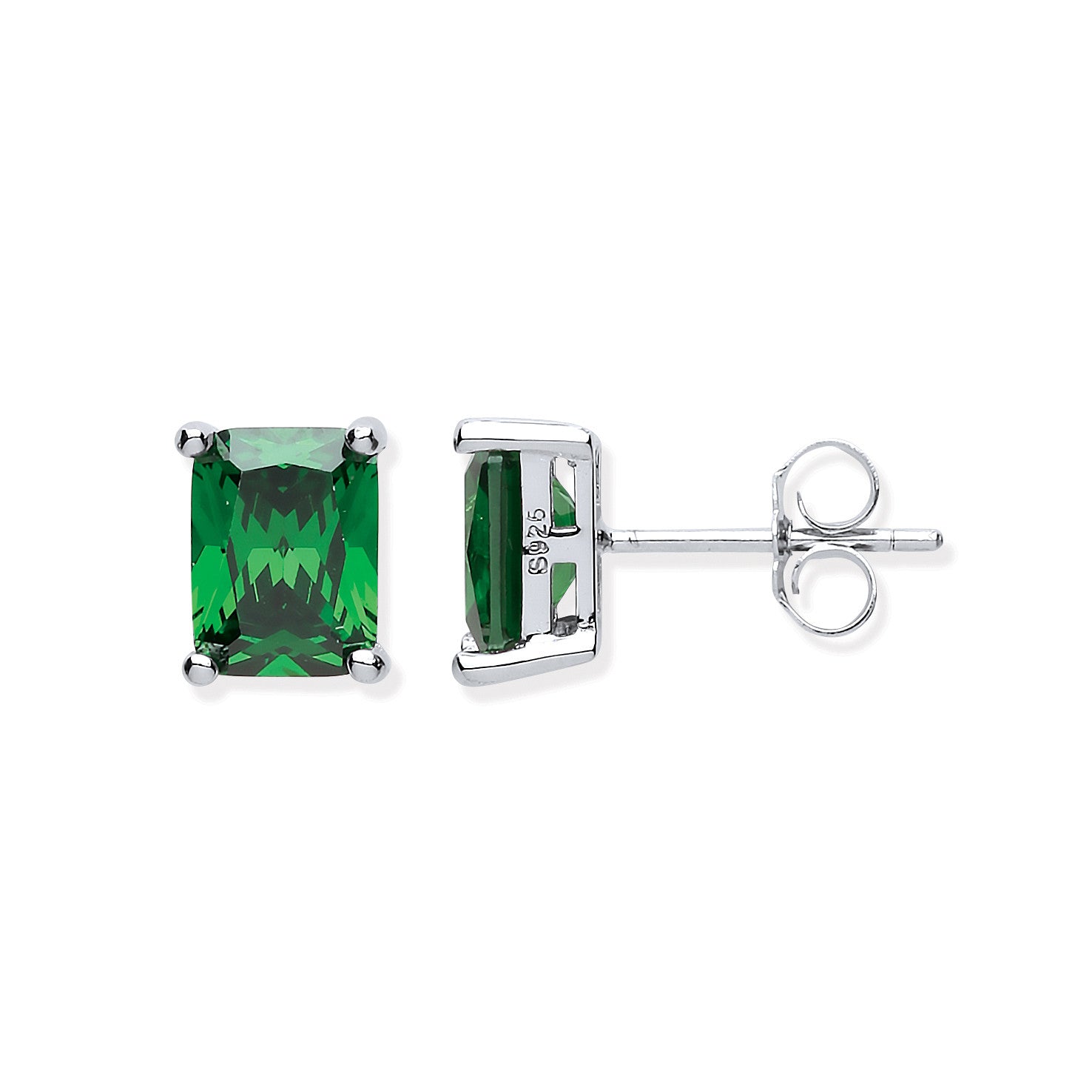 Silver Green Cubic Zirconia Emerald Cut Stud Earrings - Silver