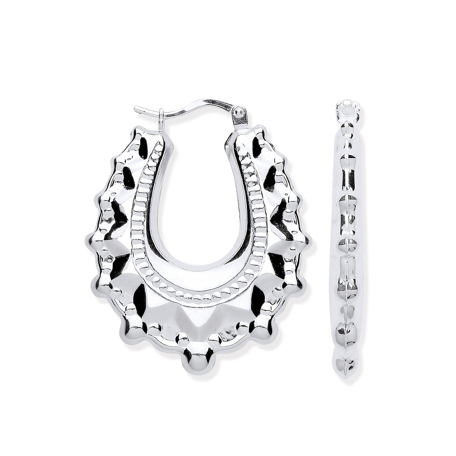 Silver Embossed Hinged Oval Creoles - Silver