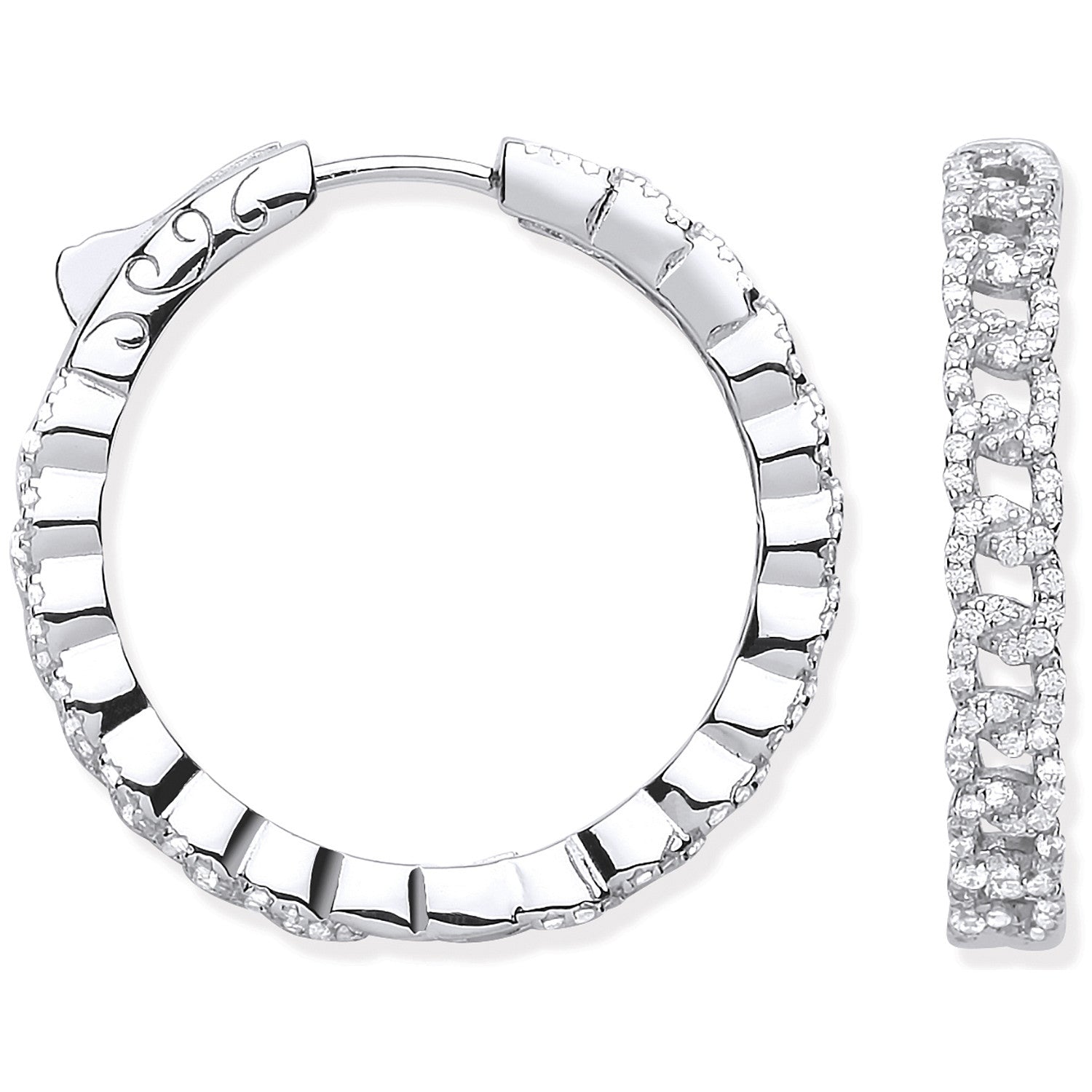 Silver Curb Chain Link Cubic Zirconia Hoop Earrings - Silver