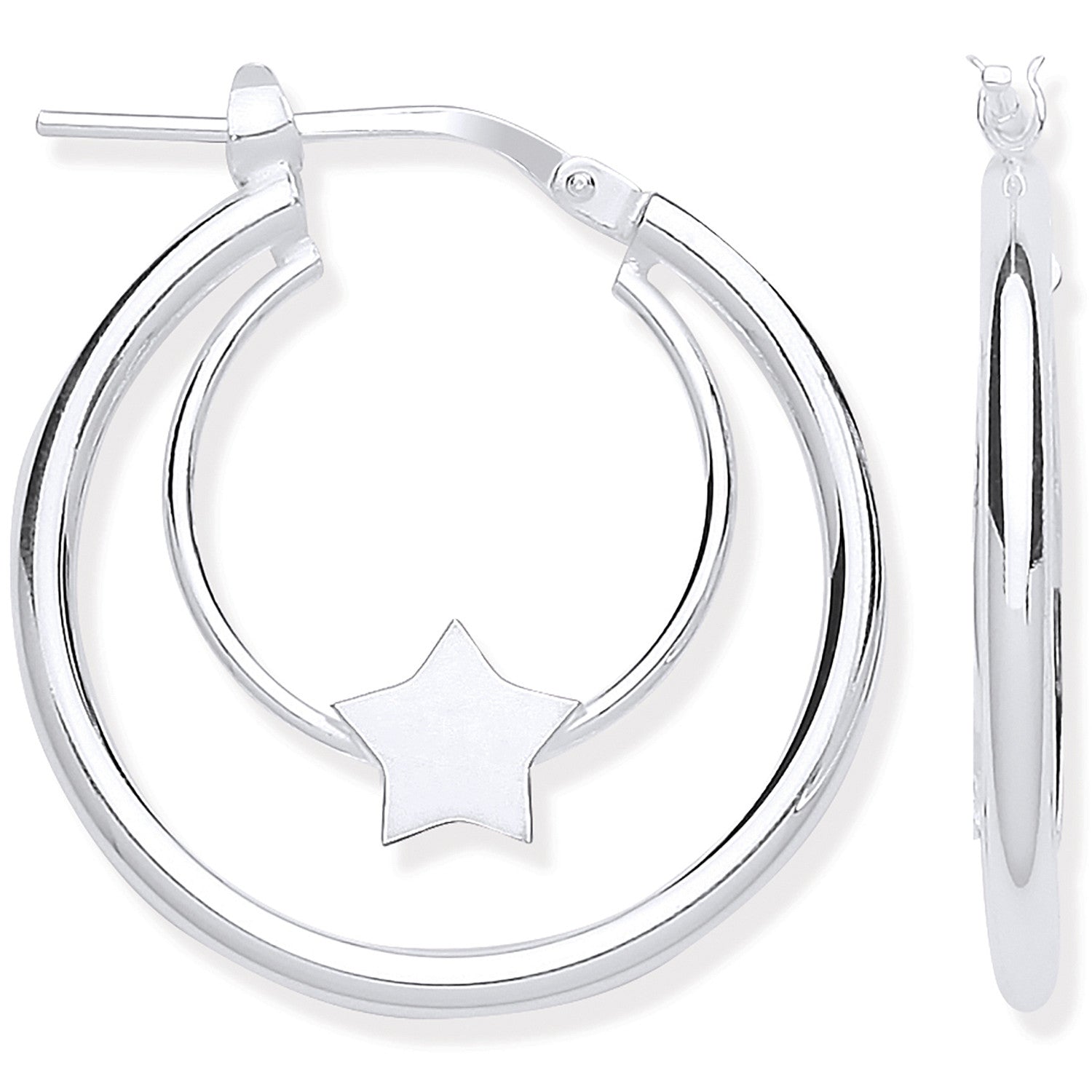 Silver Double Tube Star Hoop Earrings - Silver